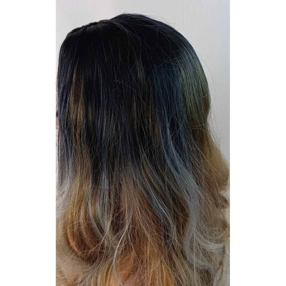 Women's Wavy synthetic layered Ombre Light Copper Brown middle part hair wig 25